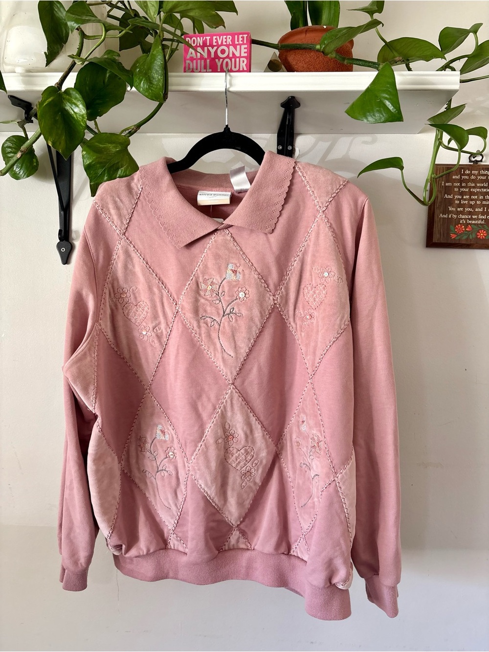 Alfred Dunner Pink Embroidered Collared Sweater